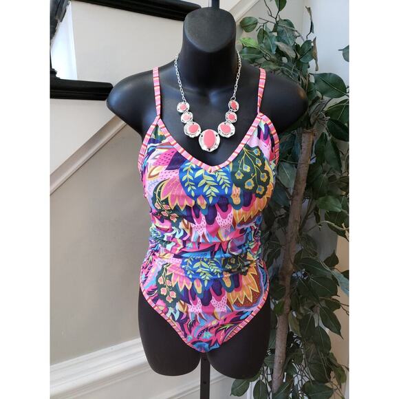 Women's Swimsuit Large Pink Floral Print Stretch O Ring Back Spaghetti Strap - Picture 2 of 7